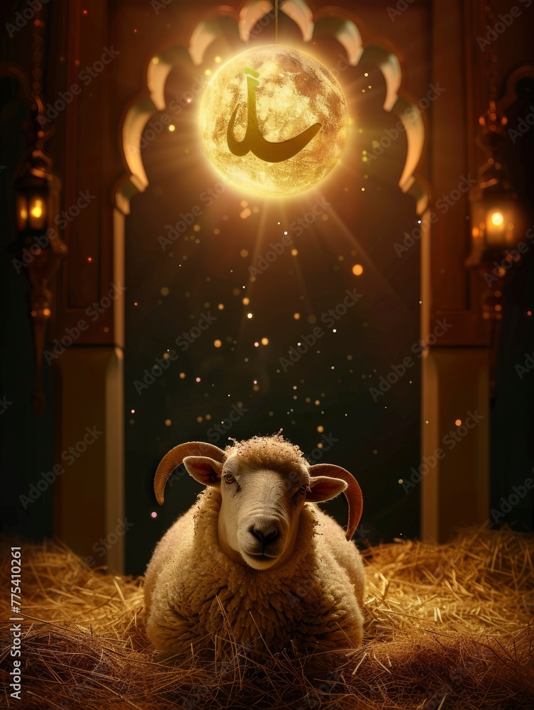 Obraz premium Sacred Sacrifice- Eid Al Adha Mubarak Background with Sheep and Islamic Prayer and copy space - generative ai