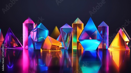 Abstract 3D Geometric Shapes in Neon Colors on a Reflective Black Surface photo