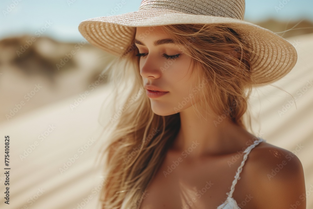 Woman poses in a white dress and a straw hat on a background of dry grass