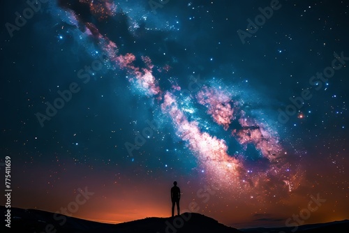a person standing on a hill with stars in the sky