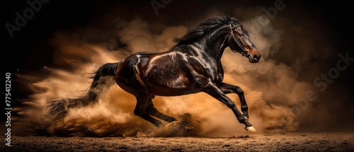   A horse gallops through the dust with its tail in the air and front legs raised