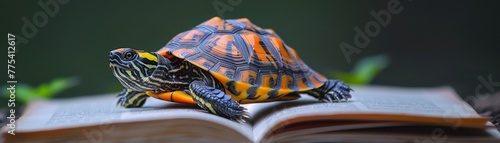 Miniature turtle with birdwatching book nature lover