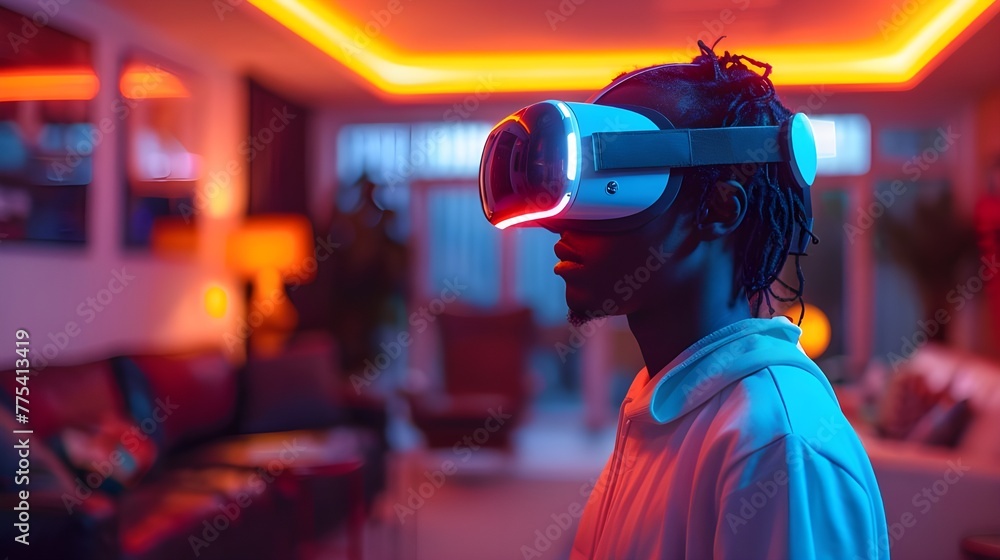 Young Boy wearing VR Headset Goggles Exploring Modern Living Room Interior, neon lights Young Boy wearing VR Headset Goggles Exploring Modern Living Room Interior, neon lights