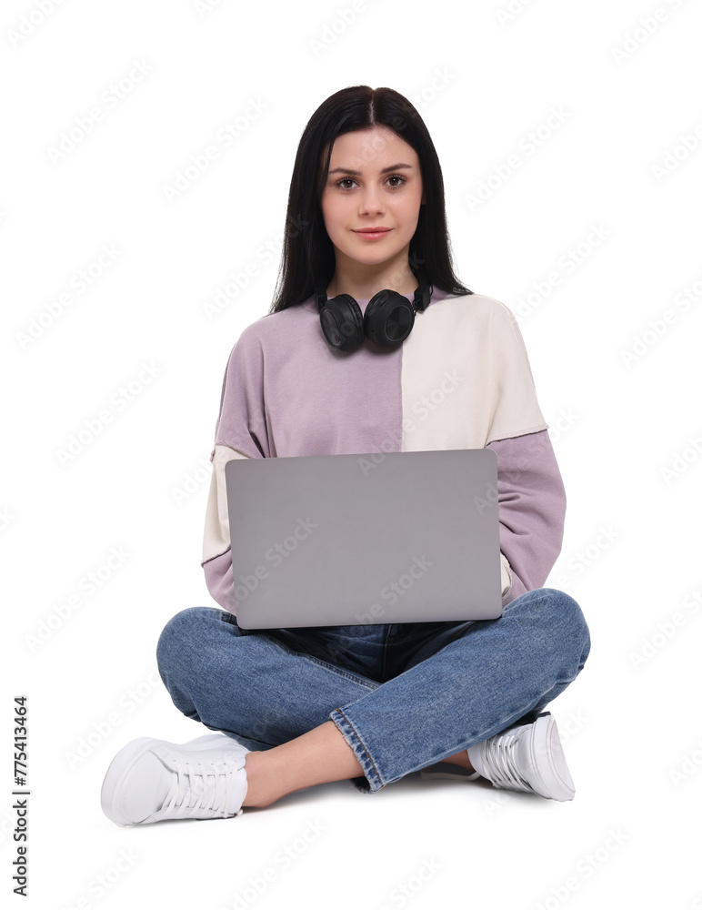 Student with laptop sitting on white background Student with laptop sitting on white background