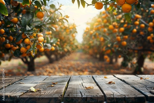 a wood table with oranges in the background © Aliaksandr Siamko