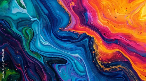 Abstract marbled acrylic paint waves, colorful rainbow swirls background banner