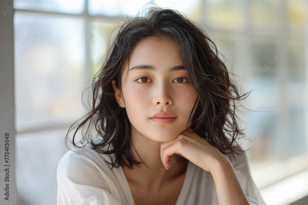 Serene Asian woman with subtle make-up in natural light Serene Asian woman with subtle make-up in natural light