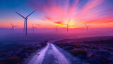 Wind turbines stand tall against a vivid sunset, merging technology and nature. Earth Day Concept