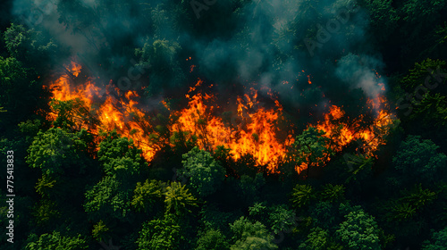 A forest fire rages, its flames devouring the lush greenery, a stark reminder of nature’s vulnerability. Earth Day Concept