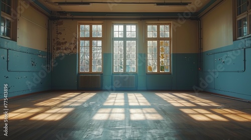 The old empty room. The view through window is the backdrop and hardwood floors.