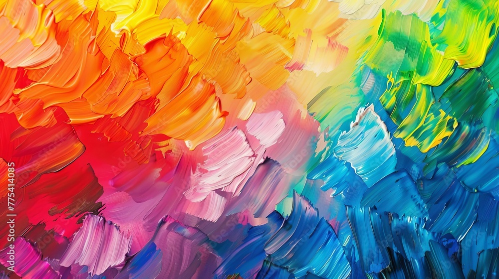 Abstract oil painting texture with rough, bold brushstrokes in vibrant rainbow colors, closeup of explosion on canvas
