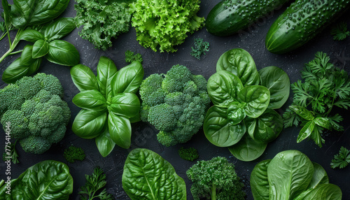 variety of fresh green vegetables and herbs on dark background for healthy cooking