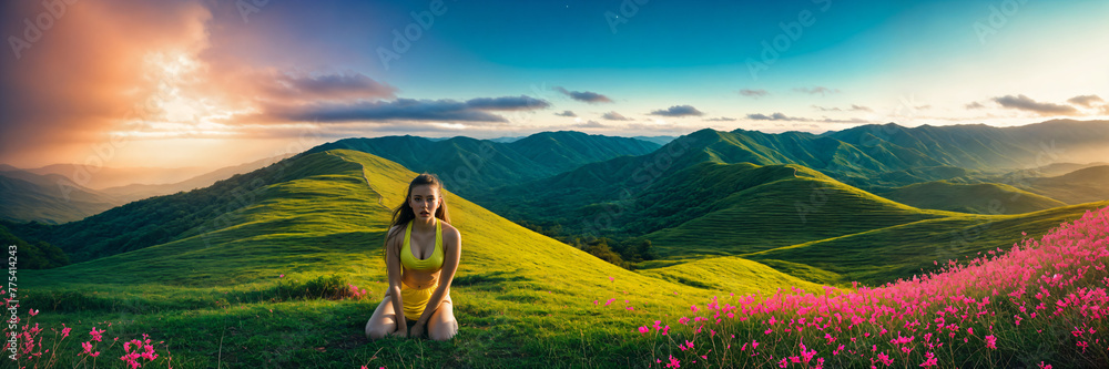 Fototapeta premium Springtime Glow: Beautiful Girl Shining among the Blossoms