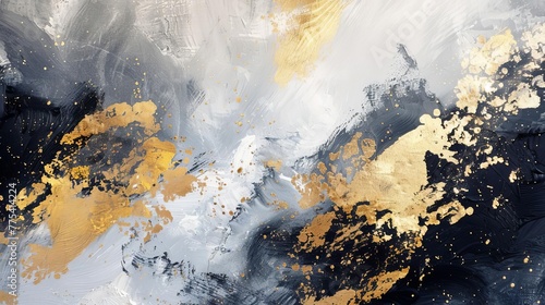 Abstract painting background with textured golden brushstrokes and horses © Bijac