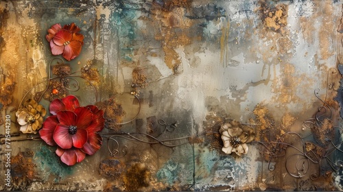 Abstract painting with metal elements, textured background, and floral motifs, modern artwork