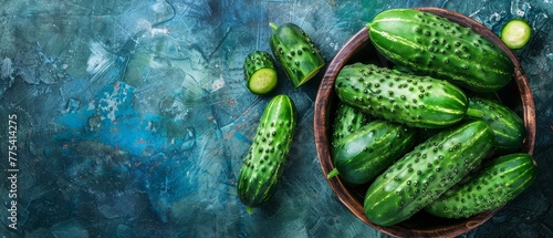   A bowl of cucumbers sits atop a blue counter with an adjacent bowl of cucumbers photo