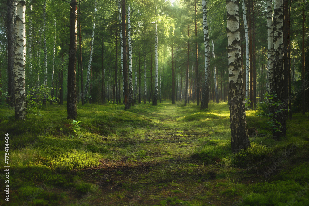 Obraz premium a beautiful green birch forest for a computer wallpaper, or for the texture of the view outside the window in a visualization, generative AI