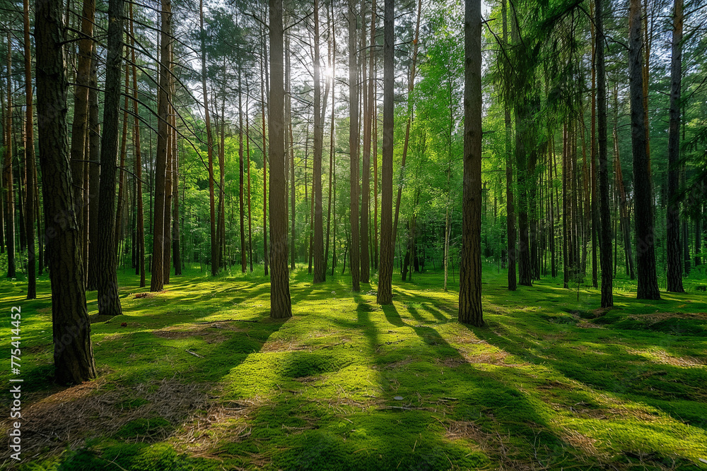 Fototapeta premium a beautiful green pine forest for a computer wallpaper, or for the texture of the view outside the window in a visualization