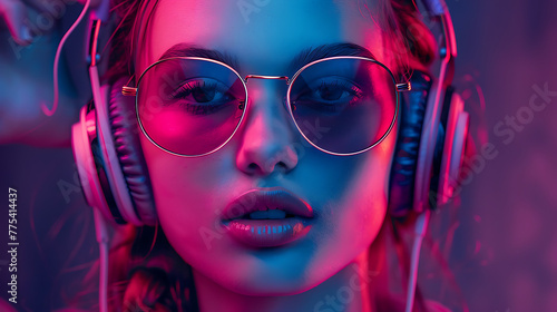 portret of a beautiful woman with headphones and sunglasses photo