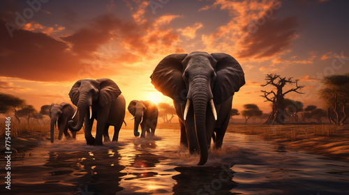 African Elephants Wading Through Water at Sunset in Savannah
