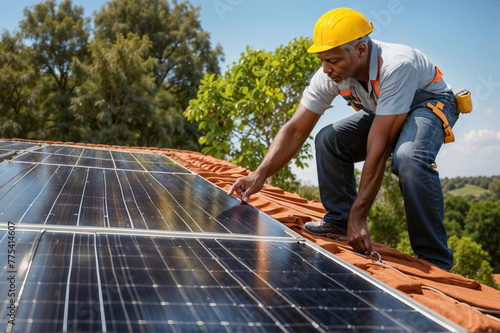 Senior male African engineer with helmet and safety uniform working and installing solar panel on modern house rooftop. Photovoltaic panels, renewable energy and sustainability concept