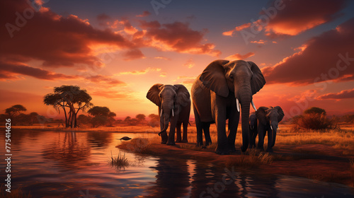 Elephants in African Savannah Against Sunset Reflecting on Water Surface
