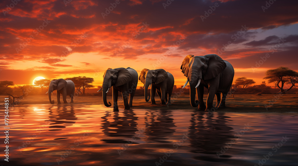 Herd of African Elephants Wading Through Water at Sunset