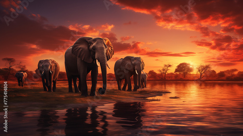 Elephants Bathing at Twilight, Fiery Sky Reflection on Water © heroimage.io