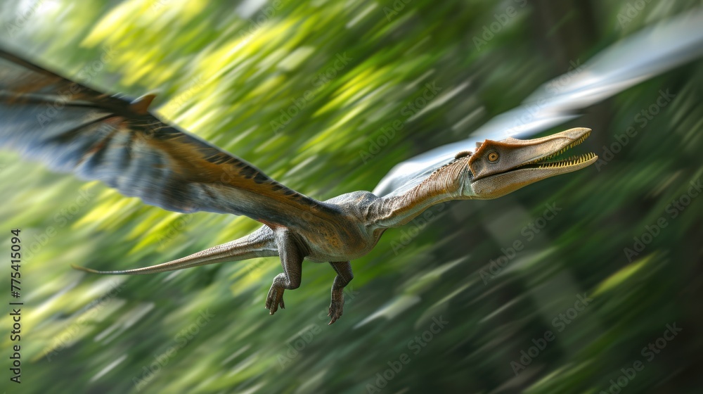 Fototapeta premium Flying dinosaur, Pterodactyl, flying fast in prehistoric forest. Photorealistic.