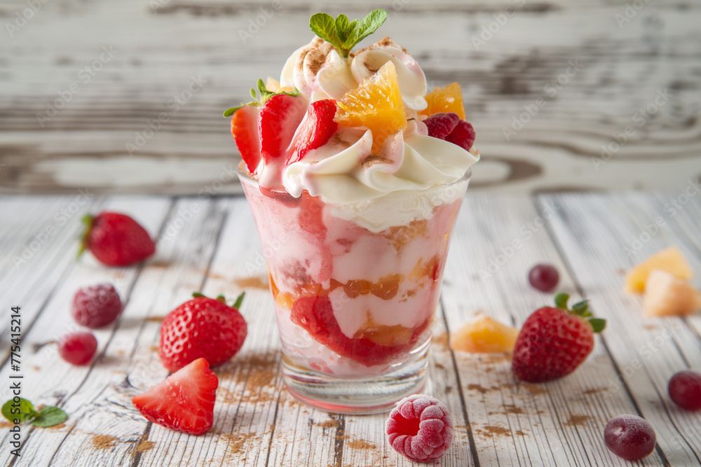 bright clean photo of delicious fresh ice cream dessert in a cup with fruits for advertising, generative AI bright clean photo of delicious fresh ice cream dessert in a cup with fruits for advertising, generative AI