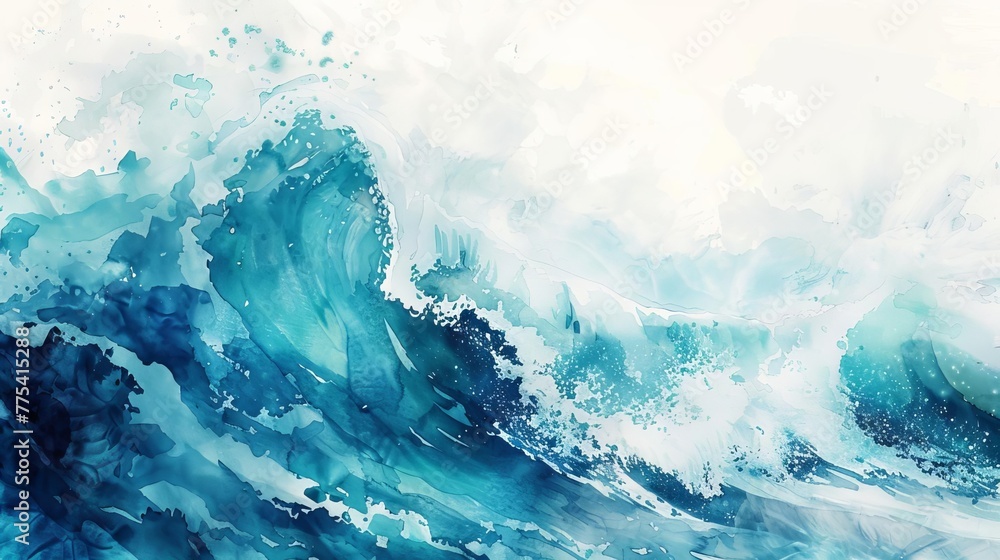 Abstract watercolor painting of a crashing wave, fresh and relaxing summer texture background