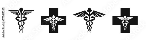 Pharmaceutical icon set. Medical cross, rod and snake symbol. Pharmacy icons.