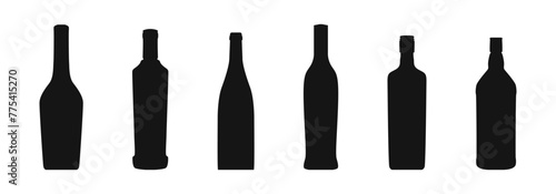 Bottle black silhouette set. Alcohol beverage bottles. Beer, vine or whiskey bottle icon.