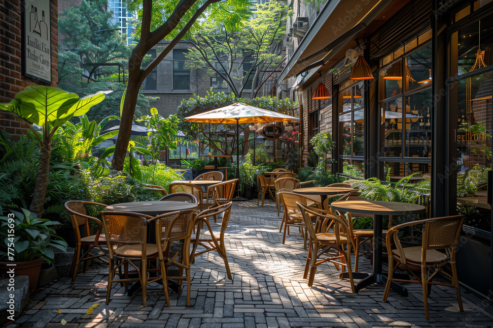 Fototapeta premium Outdoor Patio With Numerous Tables and Chairs