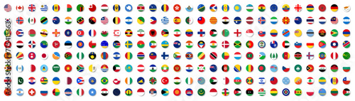 All countries flag set. National flags in circle shape. Patriotic badge collection.