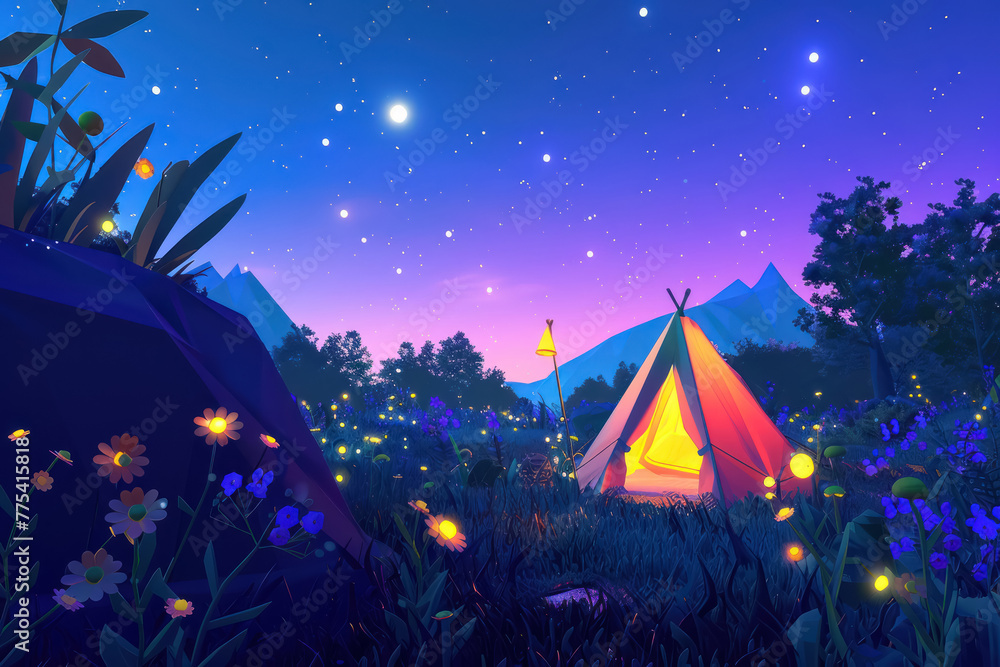 illuminated tent under starry sky in a magical forest at night ...