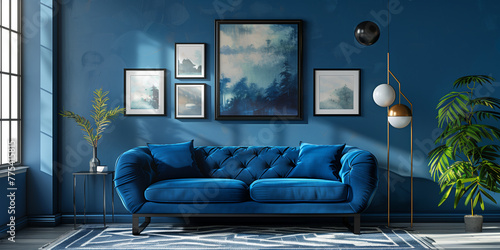 Elegant living room interior with blue velvet sofa