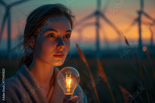 A woman stands and holds a light bulb in her hand, with wind generators in the background. © Ala