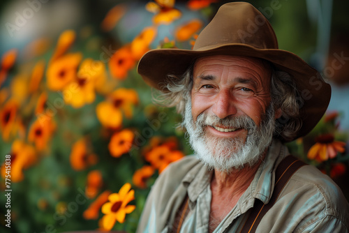 Cheerful elderly man with a hat smiling in a flower garden
