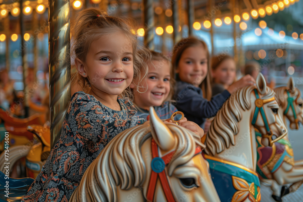 Young Girls Riding Merry-Go-Round