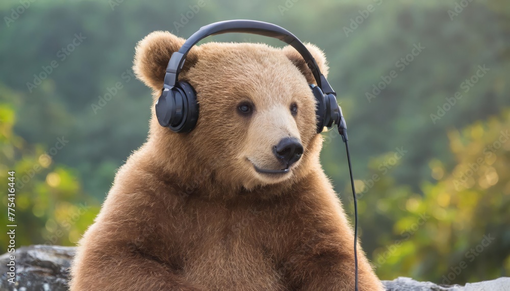 Fototapeta premium Generated image of a bear listening to the music in a headset