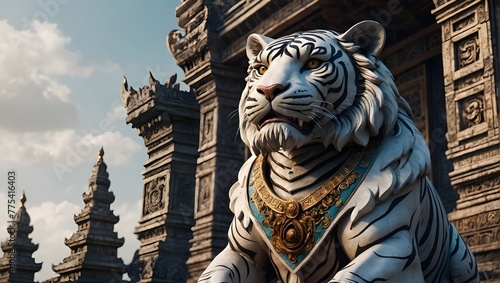 The image shows a majestic white tiger statue with gold adornments  set against intricately carved ancient stone temples under a partly cloudy sky  