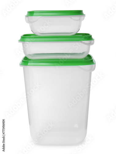 Empty plastic containers on white background. Food storage