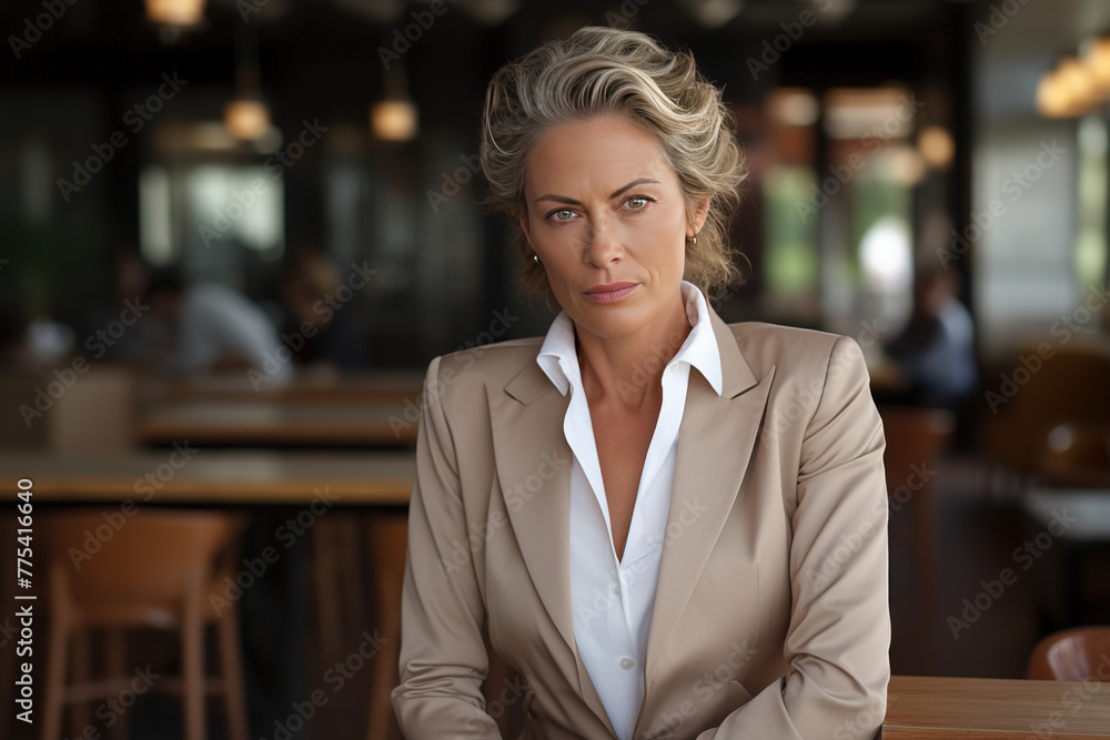 A senior businesswoman in her 50s reflects concentration and determination, wearing a light beige blazer, as she sits in a cafe with a contemplative look, a blurred restaurant setting behind her A senior businesswoman in her 50s reflects concentration and determination, wearing a light beige blazer, as she sits in a cafe with a contemplative look, a blurred restaurant setting behind her