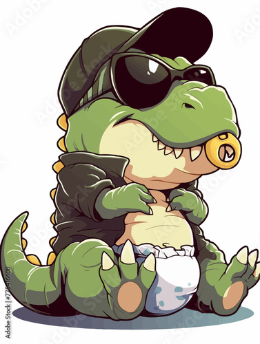 Cool Baby T-Rex Dinosaur Like a Boss Toddler with Baseball Cap and large Sunglasses Mini Chef Baby T-Rex