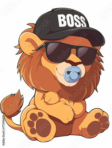 Cool Baby Lion Like a Boss Toddler with Baseball Cap and large Sunglasses Mini Chef Baby Lion