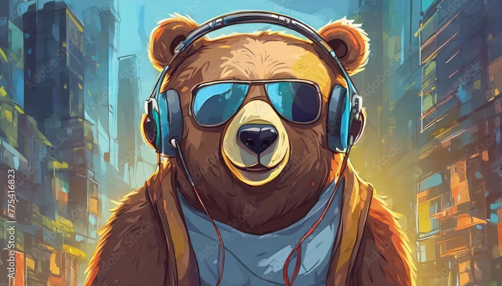 Obraz premium Generated image of a bear listening to the music in a headset