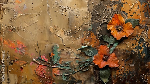 An abstract painting with metal elements, textured background with flowers and plants