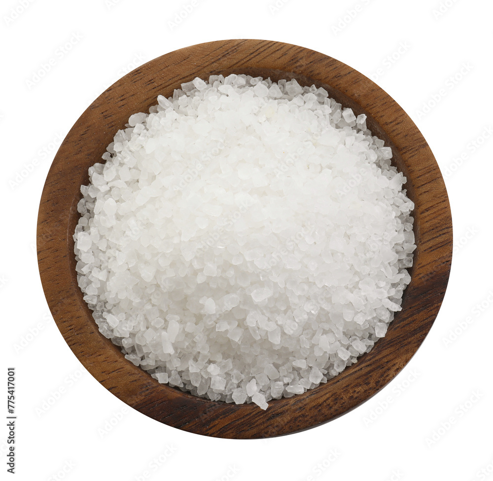 Natural salt in wooden bowl isolated on white, top view Natural salt in wooden bowl isolated on white, top view