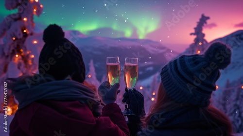 People cheers with champagne wine glasses with beautiful aurora northern lights in night sky in winter.